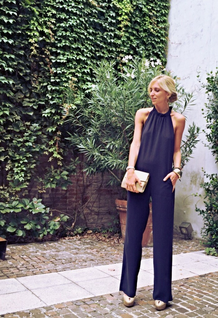 Wedding outfit - navy blue jumpsuit - golden coat - fall winter 2015